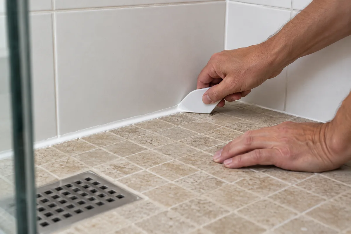Mains lissant un joint souple blanc entre un sol de douche en grès beige et une faïence blanche