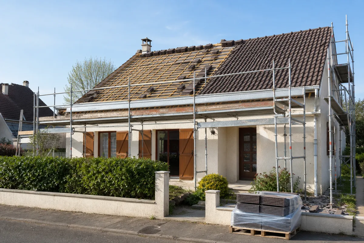 Toiture en tuiles mécaniques d’un pavillon du Val-d’Oise en cours de rénovation, échafaudage en place