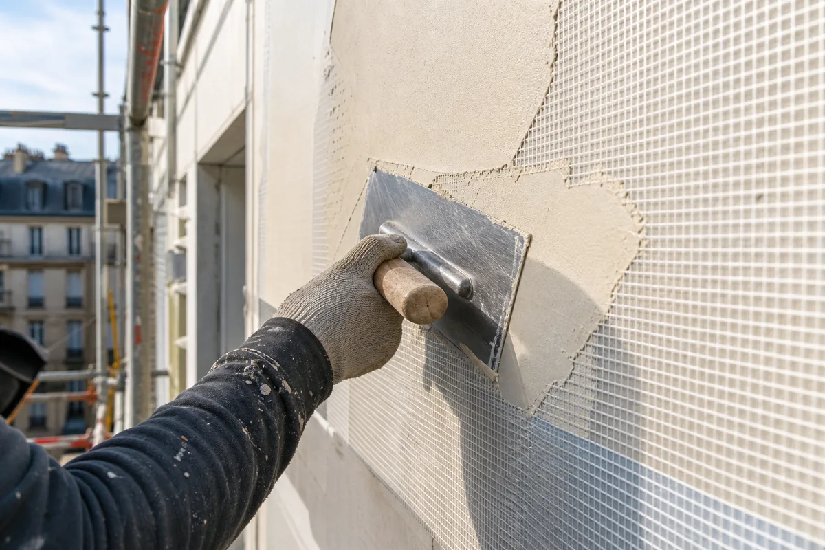 Façade de pavillon du Val-d’Oise à moitié recouverte d’un enduit clair, échafaudage au premier plan