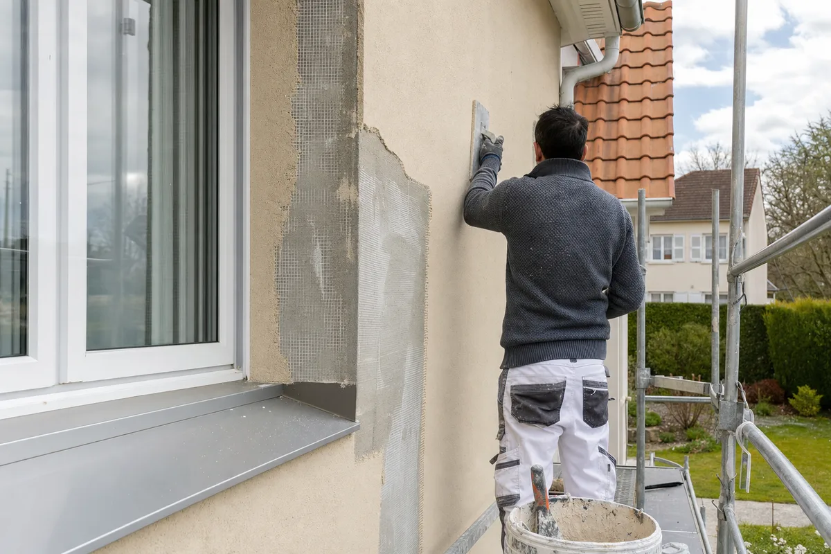 Façade de pavillon francilien en cours de finition d’enduit sur isolant