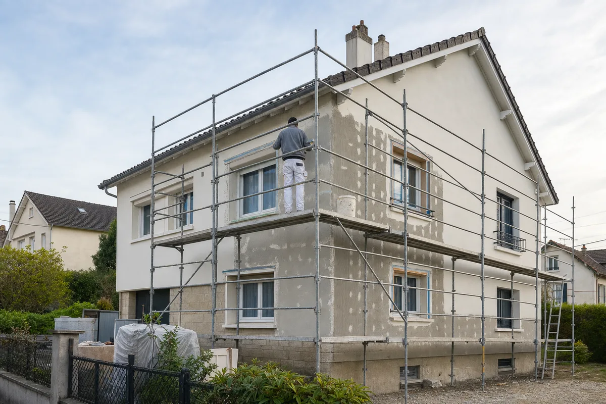 Façade de pavillon francilien en cours de ravalement avec échafaudage et enduit en application
