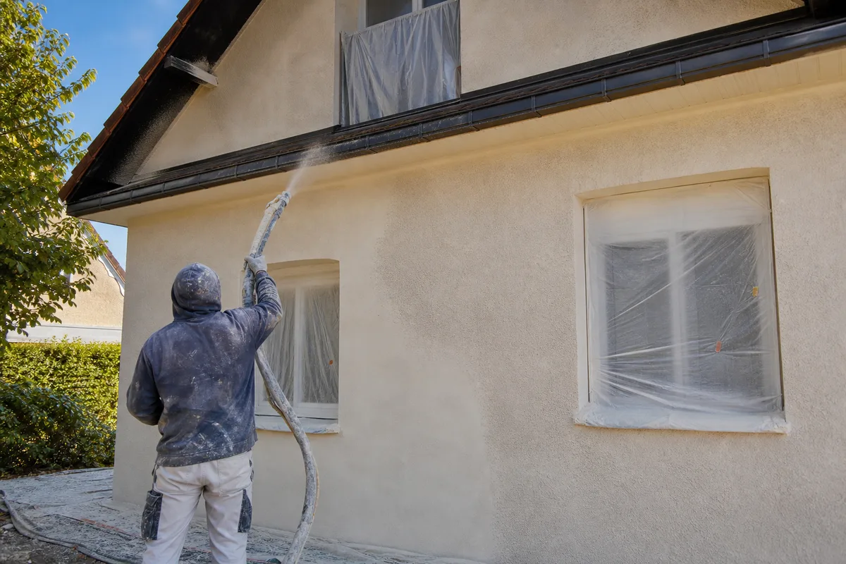Panneaux isolants gris fixés sur une façade de maison avant application de l&rsquo;enduit de finition