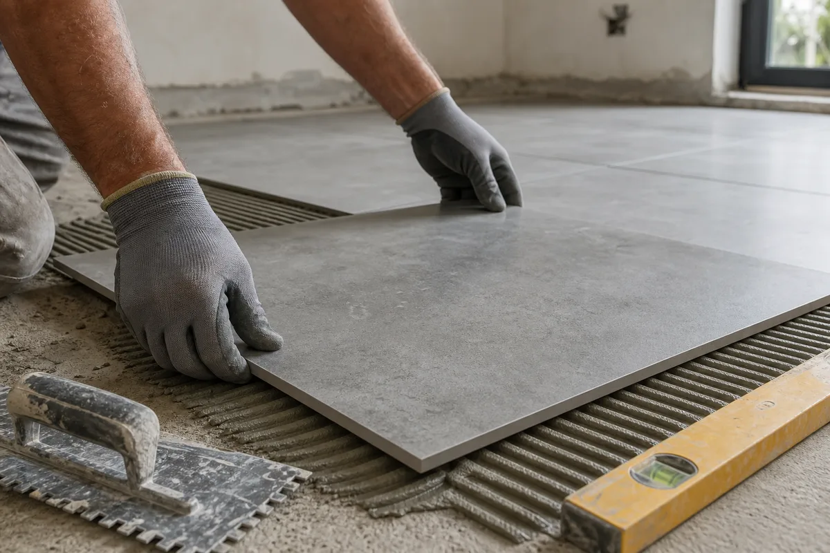 Pose de carrelage grand format dans une salle de bain en rénovation dans le Val-d&rsquo;Oise
