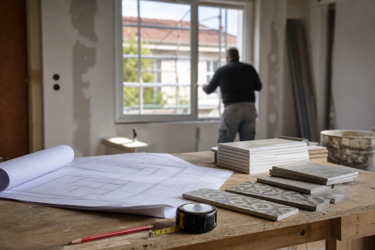 Coordination de chantier de rénovation dans un pavillon du Val-d&rsquo;Oise, plans et échantillons de carrelage posés sur un établi