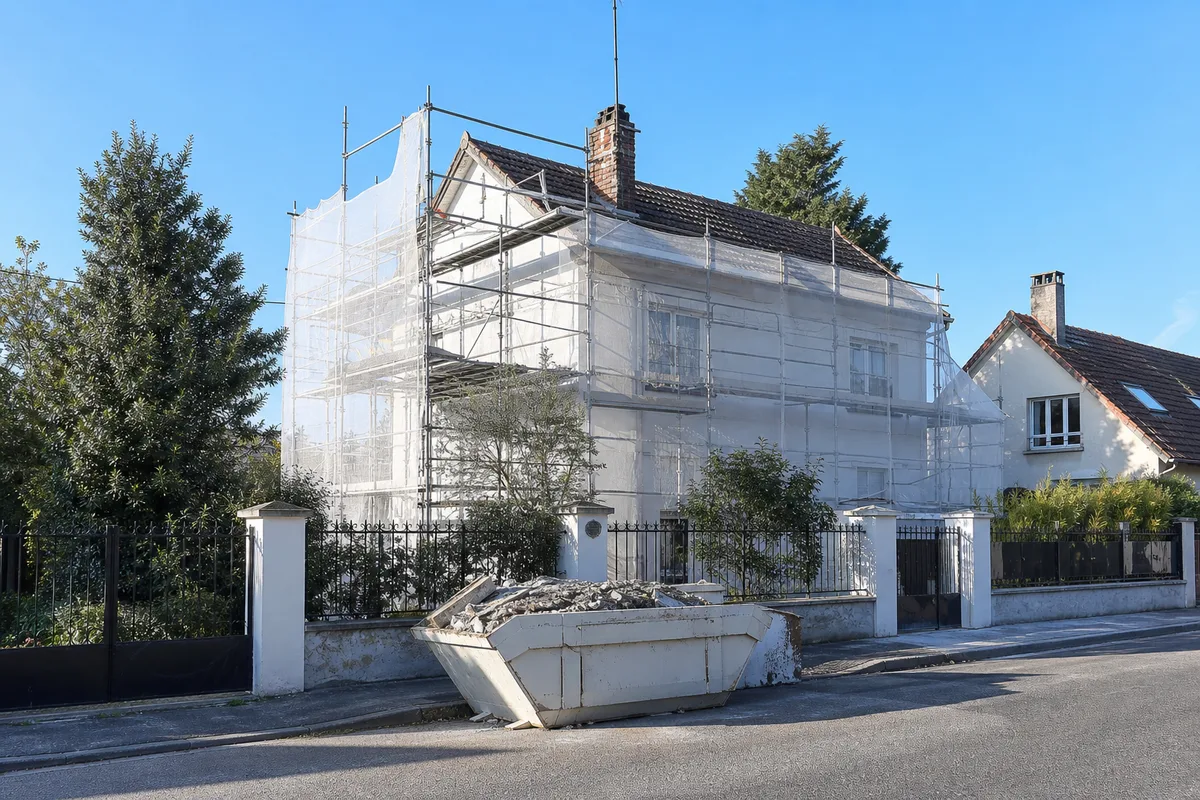 Échafaudage de ravalement monté le long d’une maison en meulière dans une rue du Val-d’Oise
